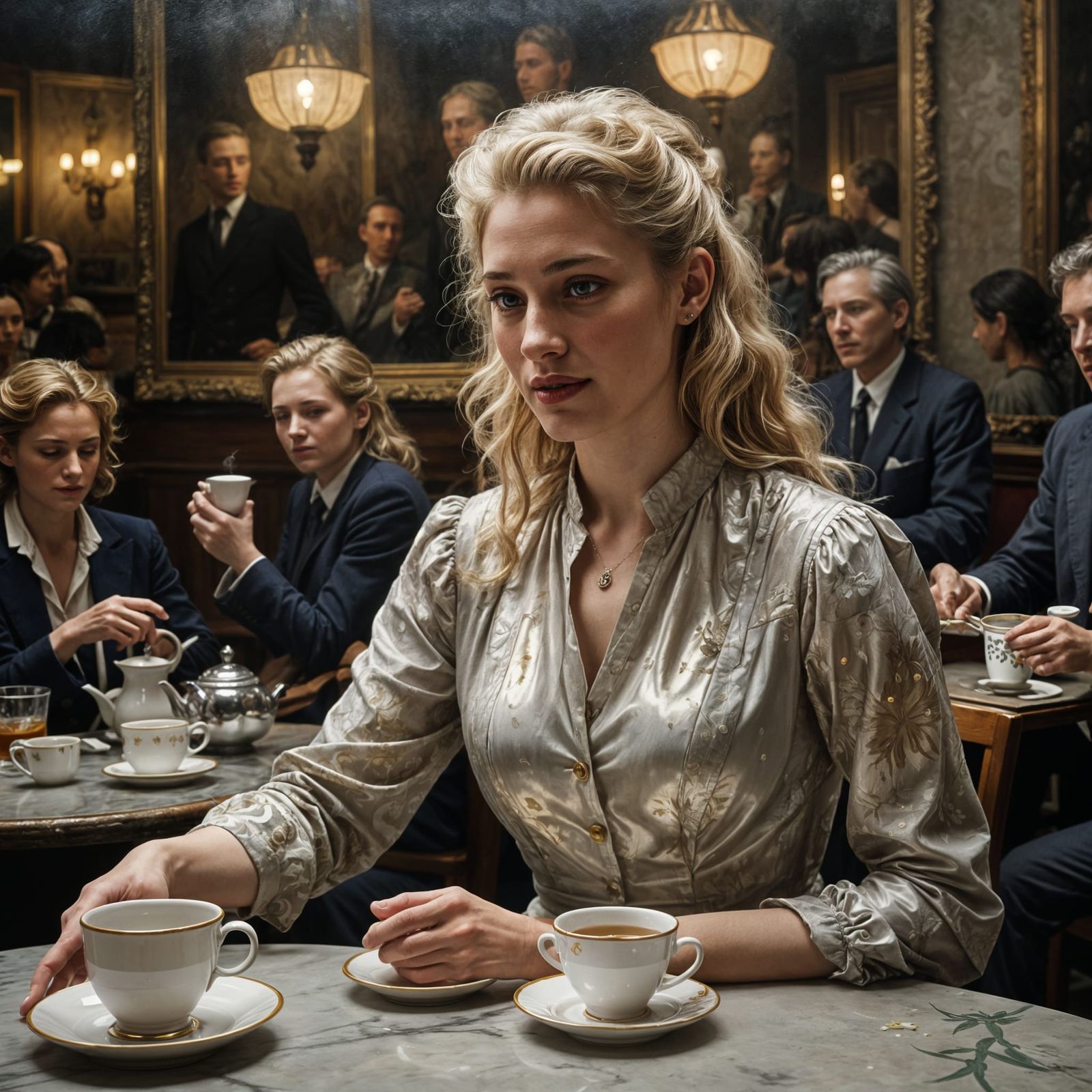 Blonde Woman Smiling with Tea in Cafe