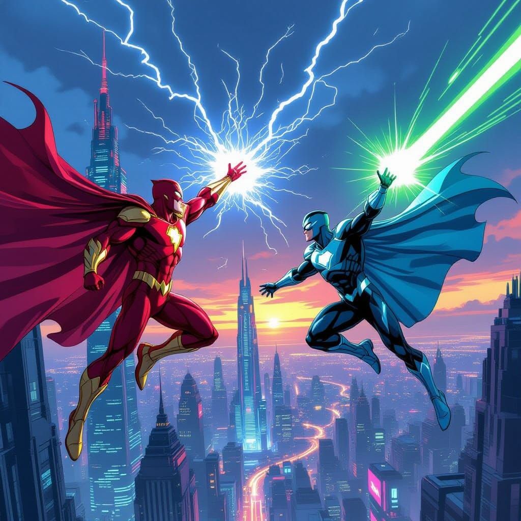 Superheroes Battle Above Futuristic City in Comic Art Style