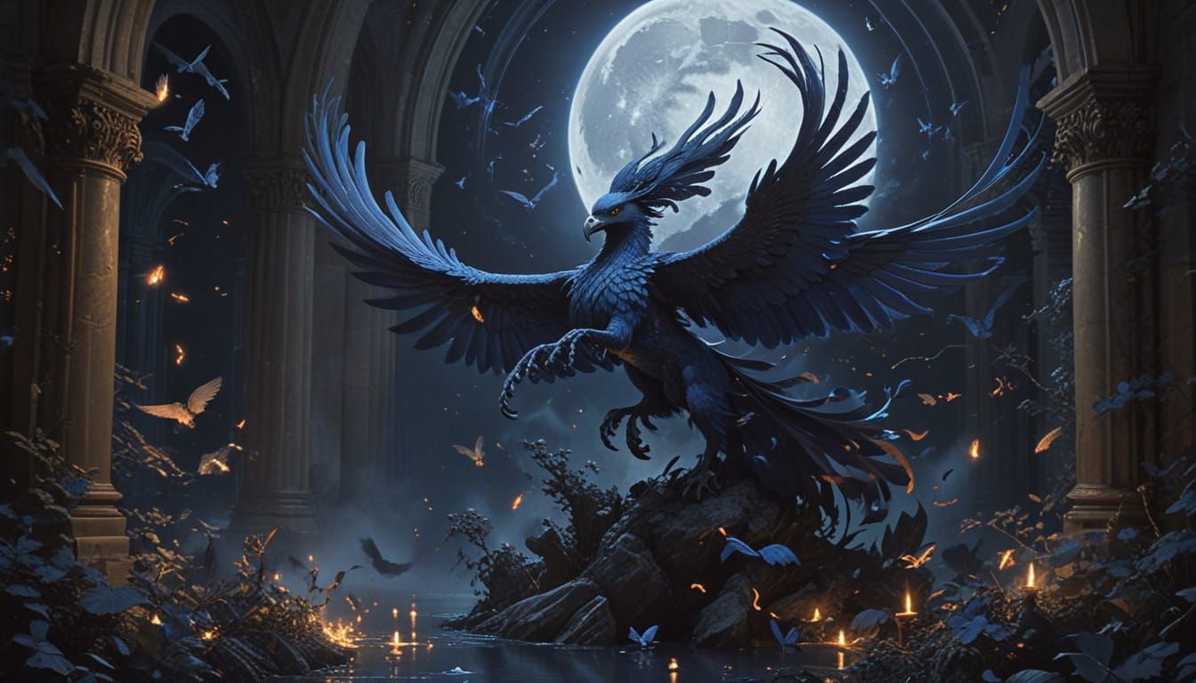 Majestic Harpies Soar Through Moonlit Sky in Ethereal Beauty