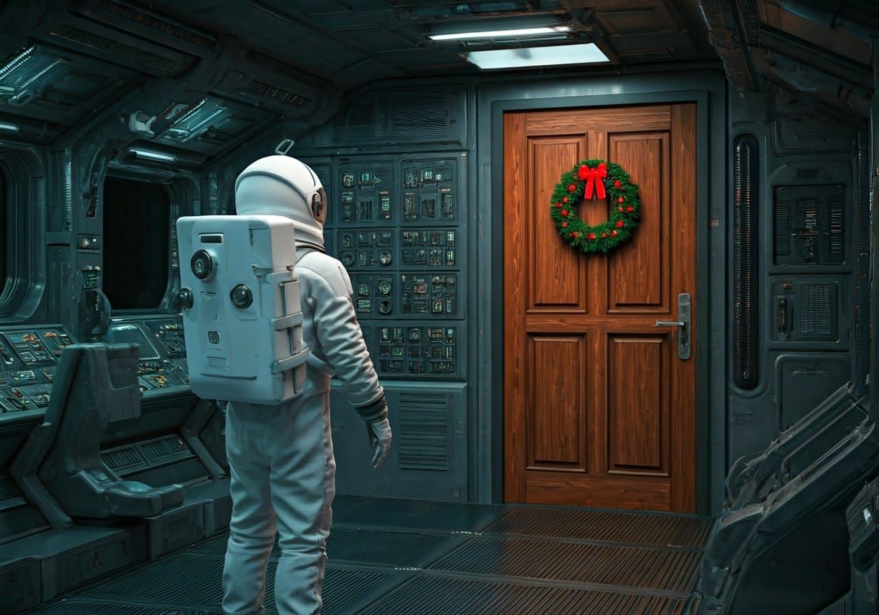Astronaut Finds Christmas Door Aboard Spaceship