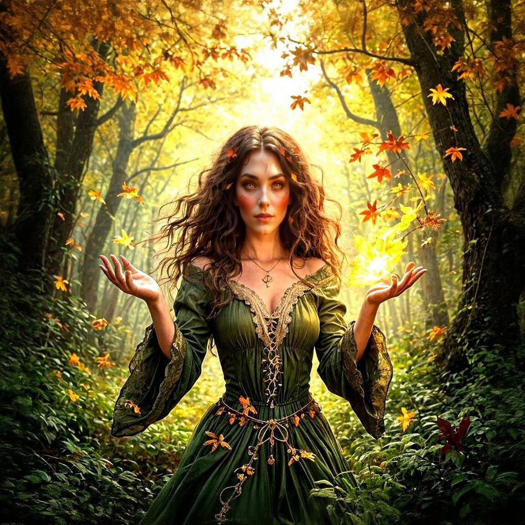 Forest Witch Casting Autumn Magic in Sunlit Woods