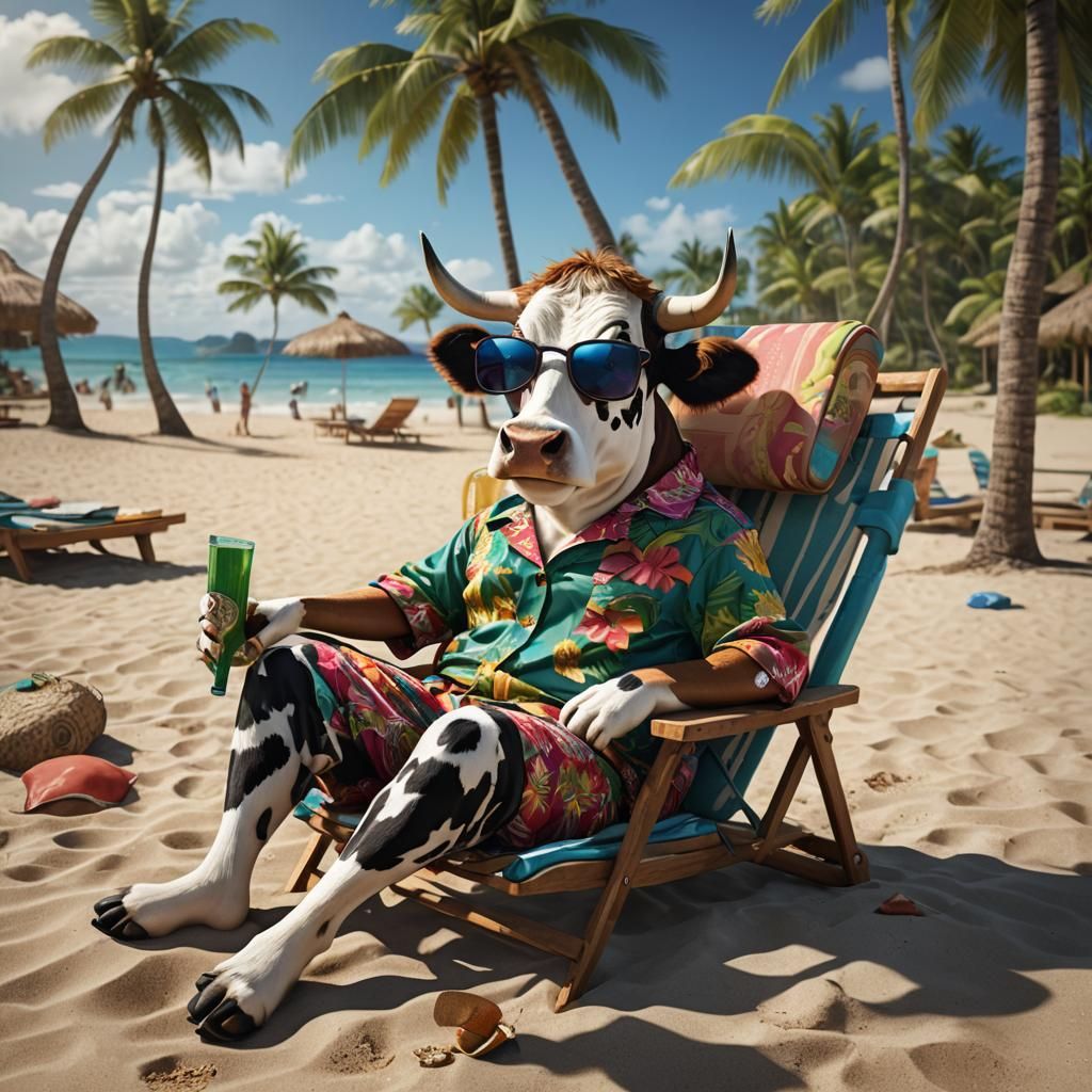 “A cow wearing sunglasses and a Hawaiian shirt, lounging on ...
