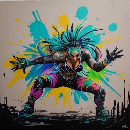 Wrestling Girl in Desert Canyon Graffiti Art