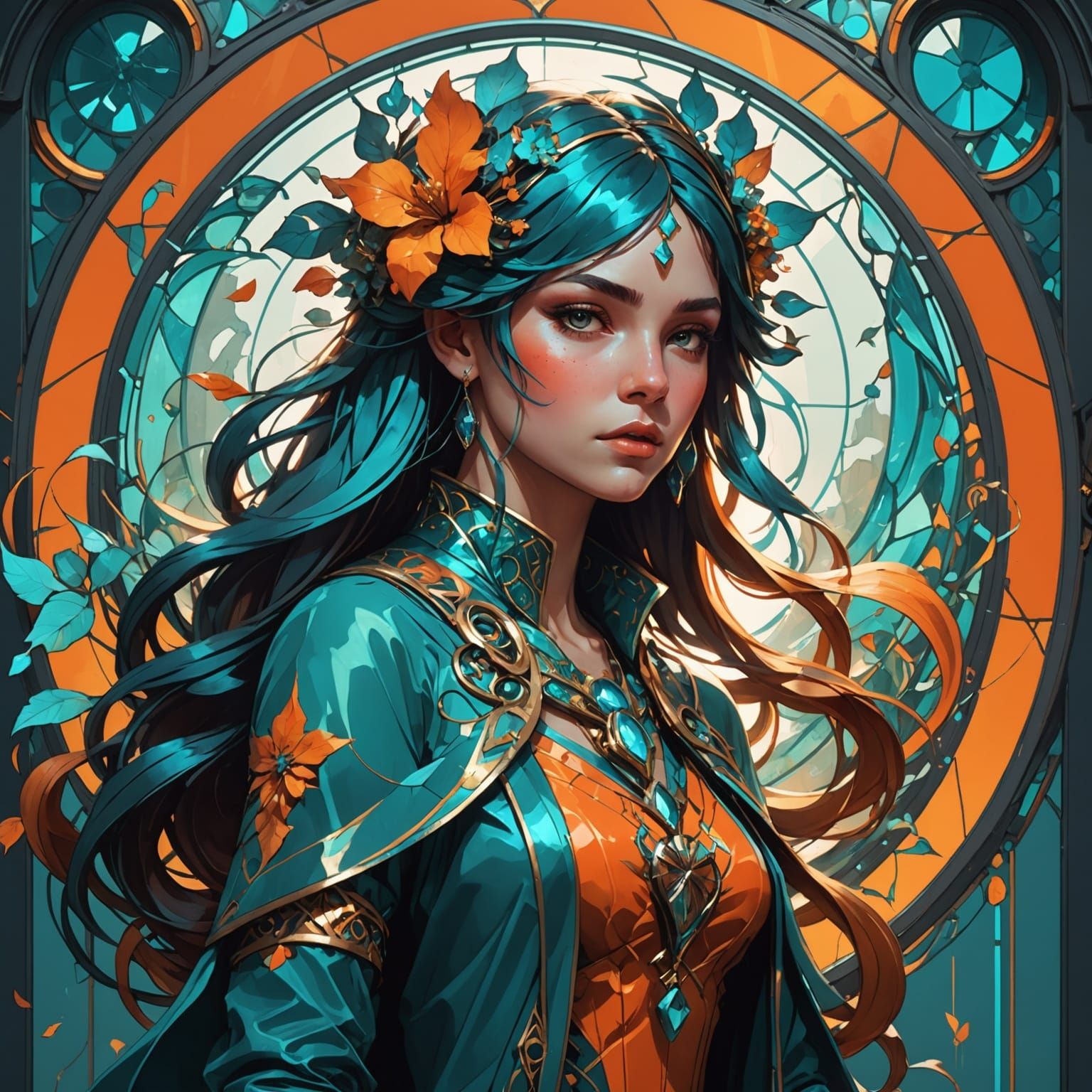 Anime Girl in Art Nouveau Style with Dynamic Lighting