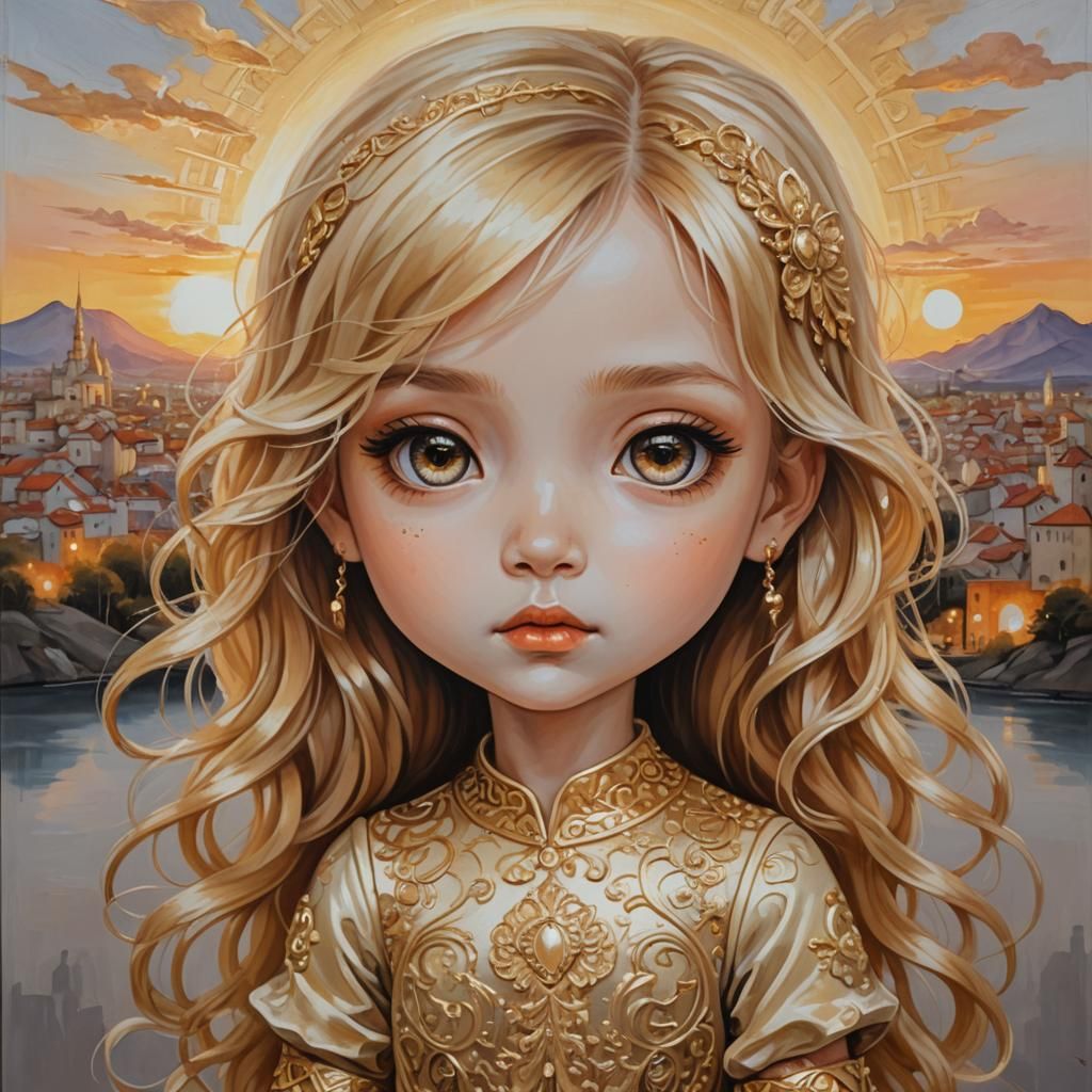 Oil painting by artist Paola Salomé, featuring a gold-toned ...