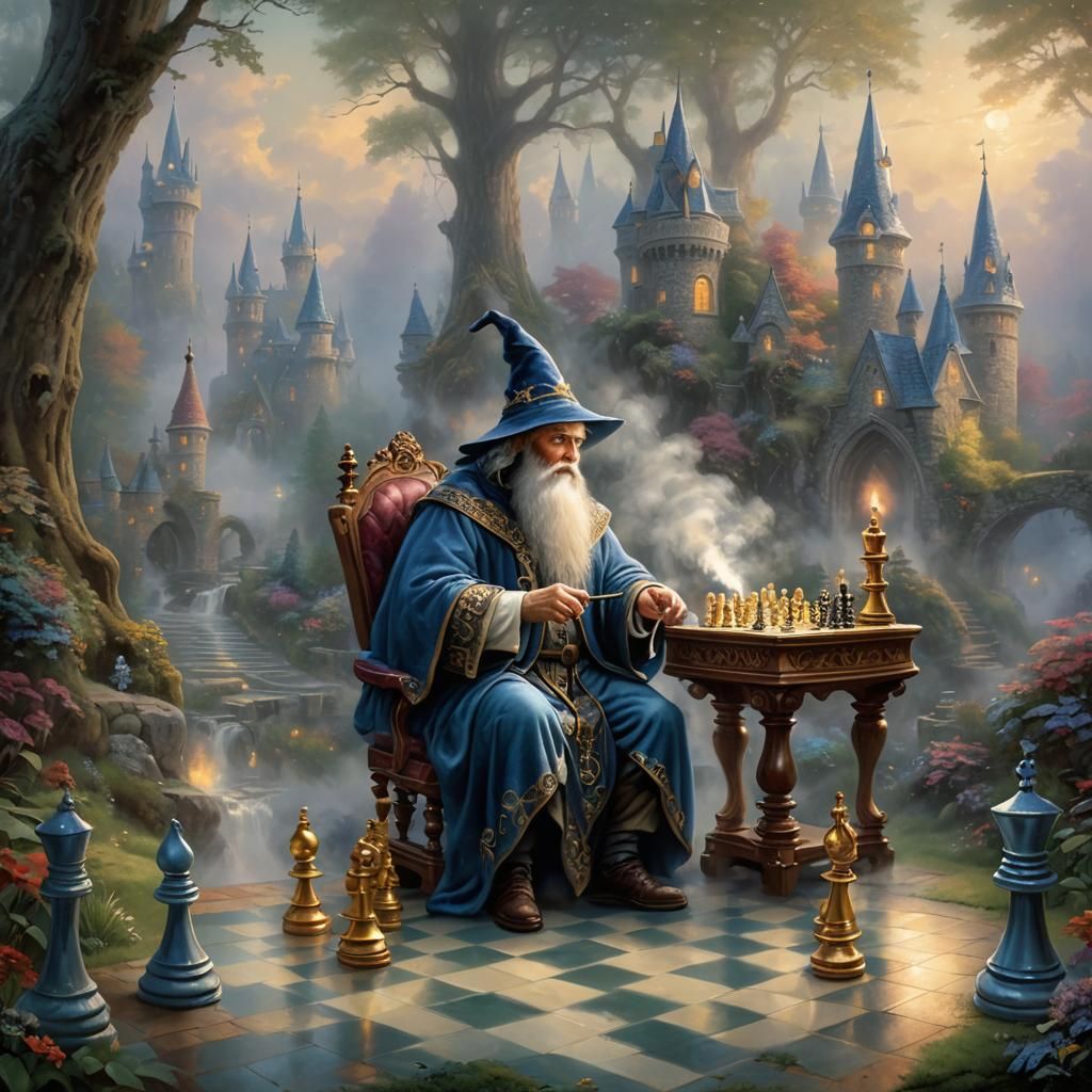 Ethereal Wizard Playing Chess in Fantasy Landscape