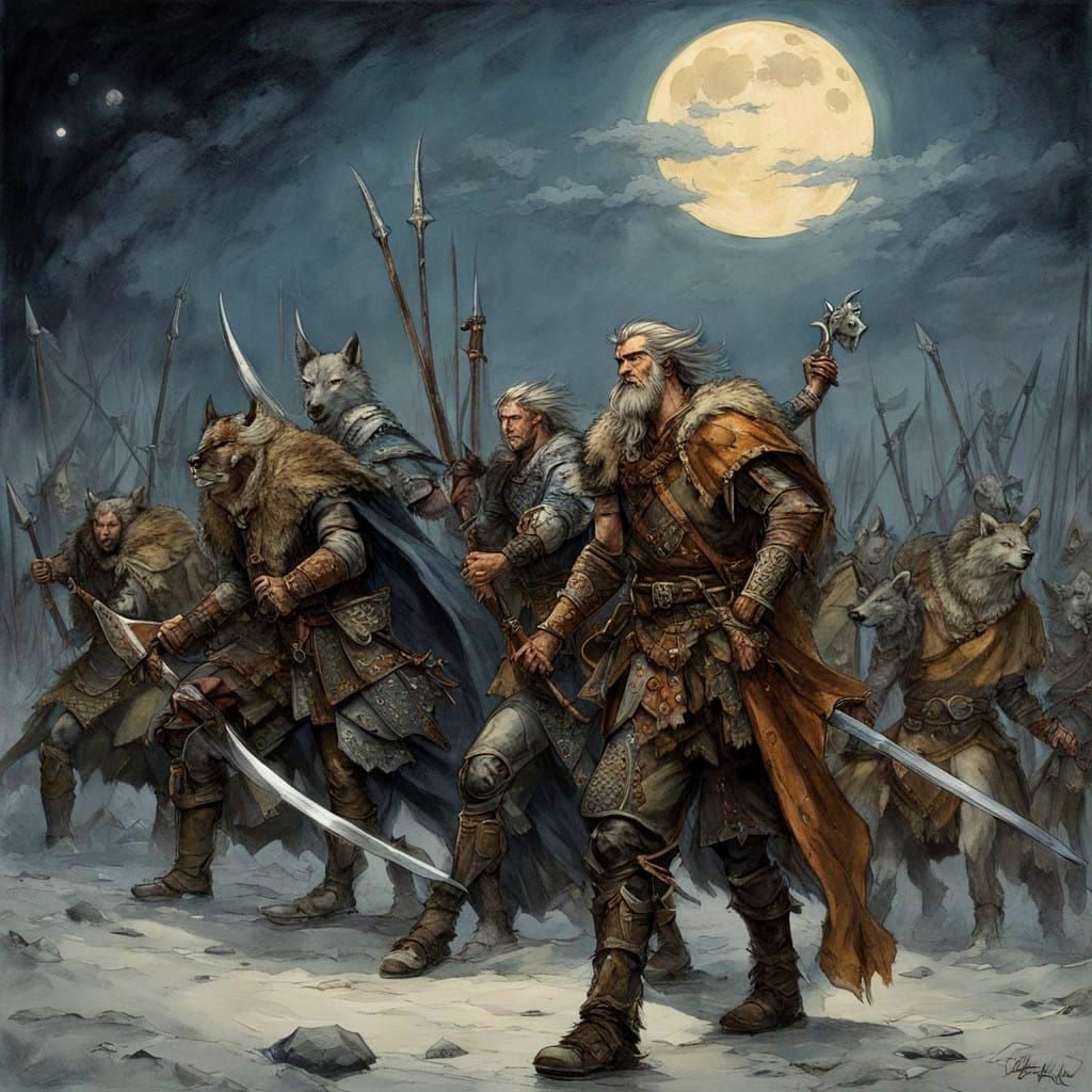 Viking Warriors Battle Ready Under Full Moon