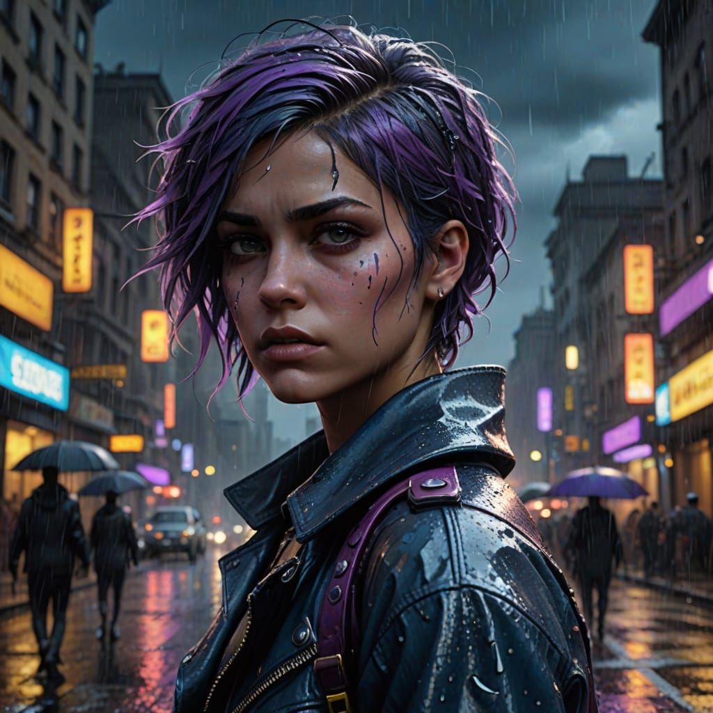 Sad Punk Girl in Rainy City Street