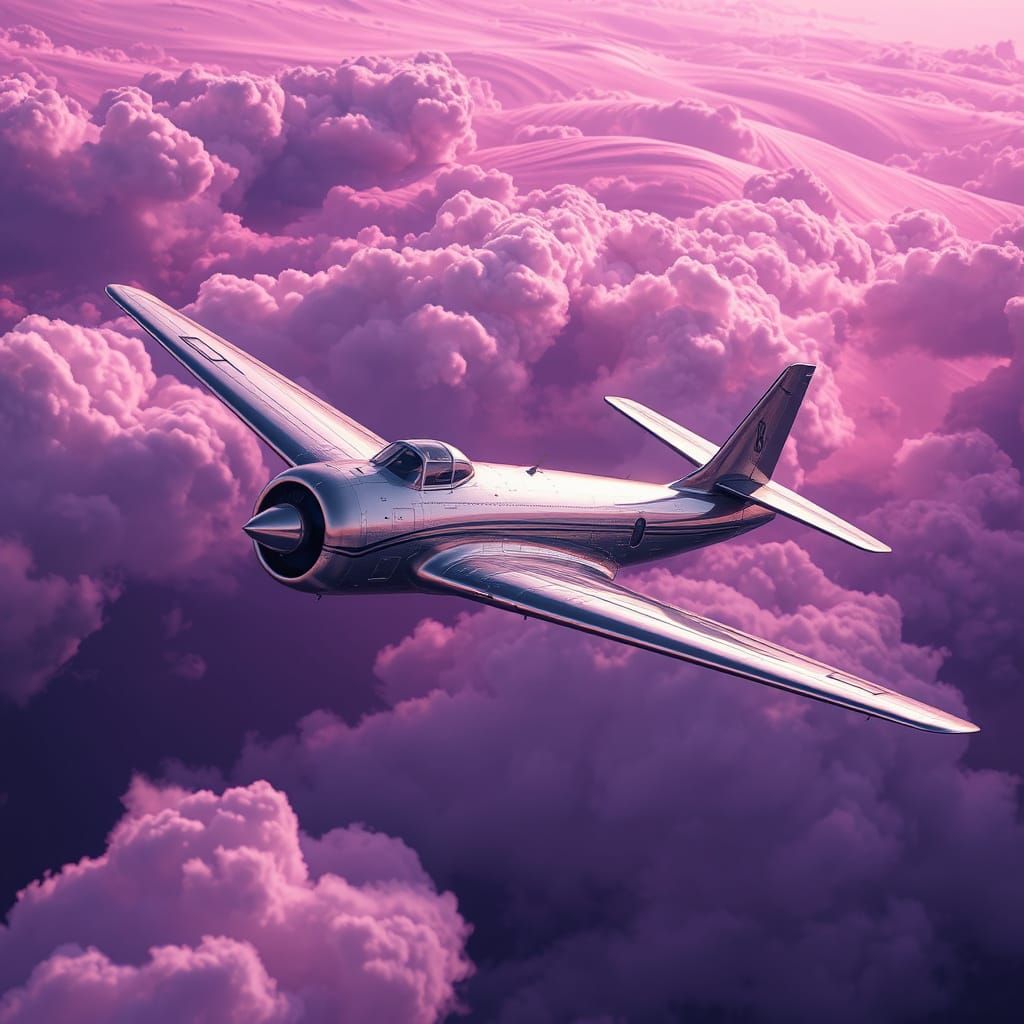Sleek Silver Aircraft in a Whimsical Purple Sky