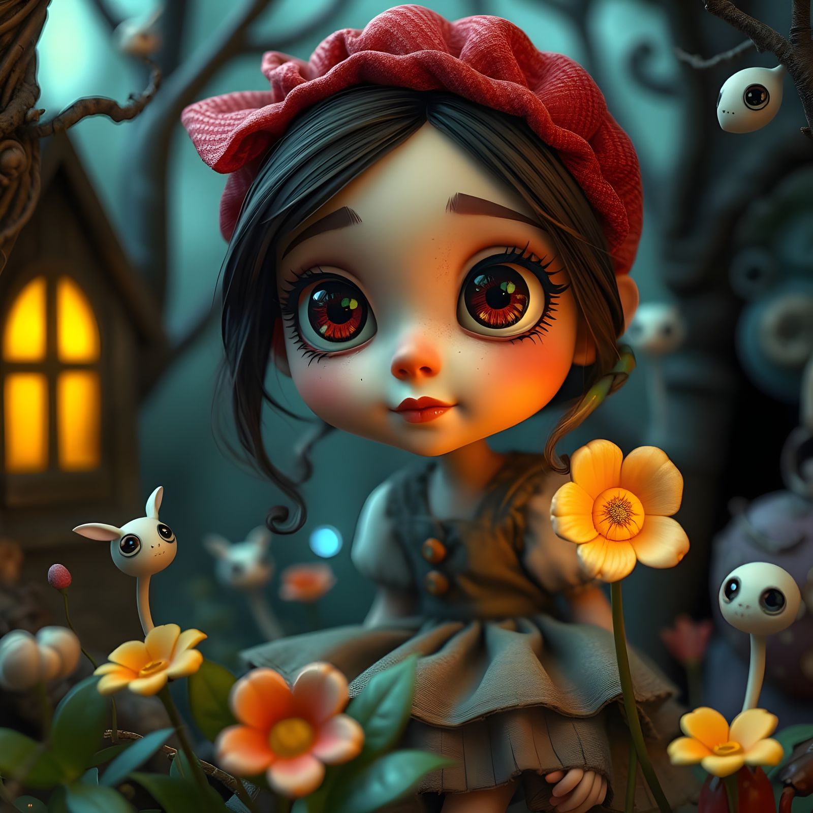 Ethereal Doll-Like Portrait in Shimmering Whites and Soft Bl...