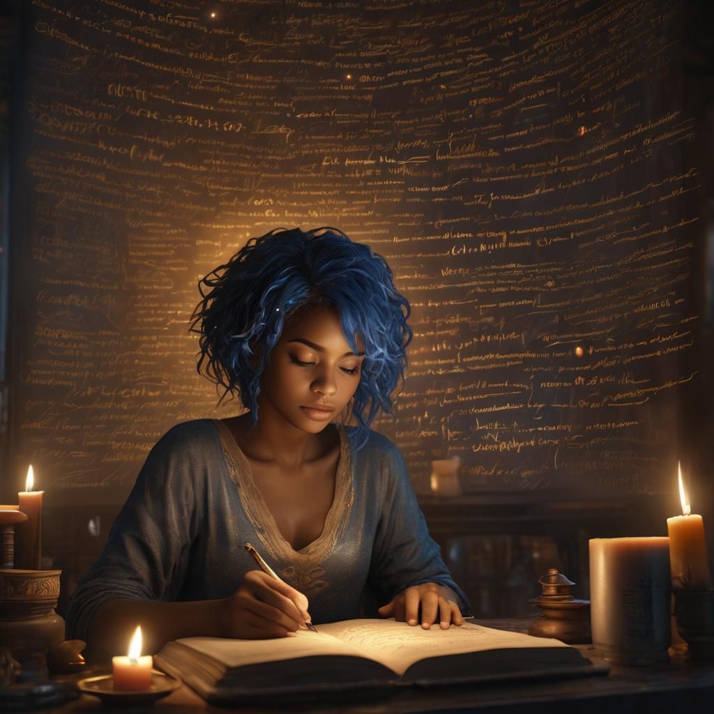 Woman Writing by Candlelight with Golden Words