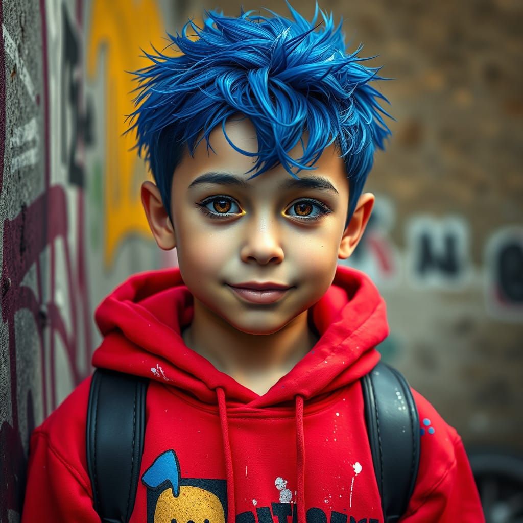 Boy with Blue Hair in Street Art Style