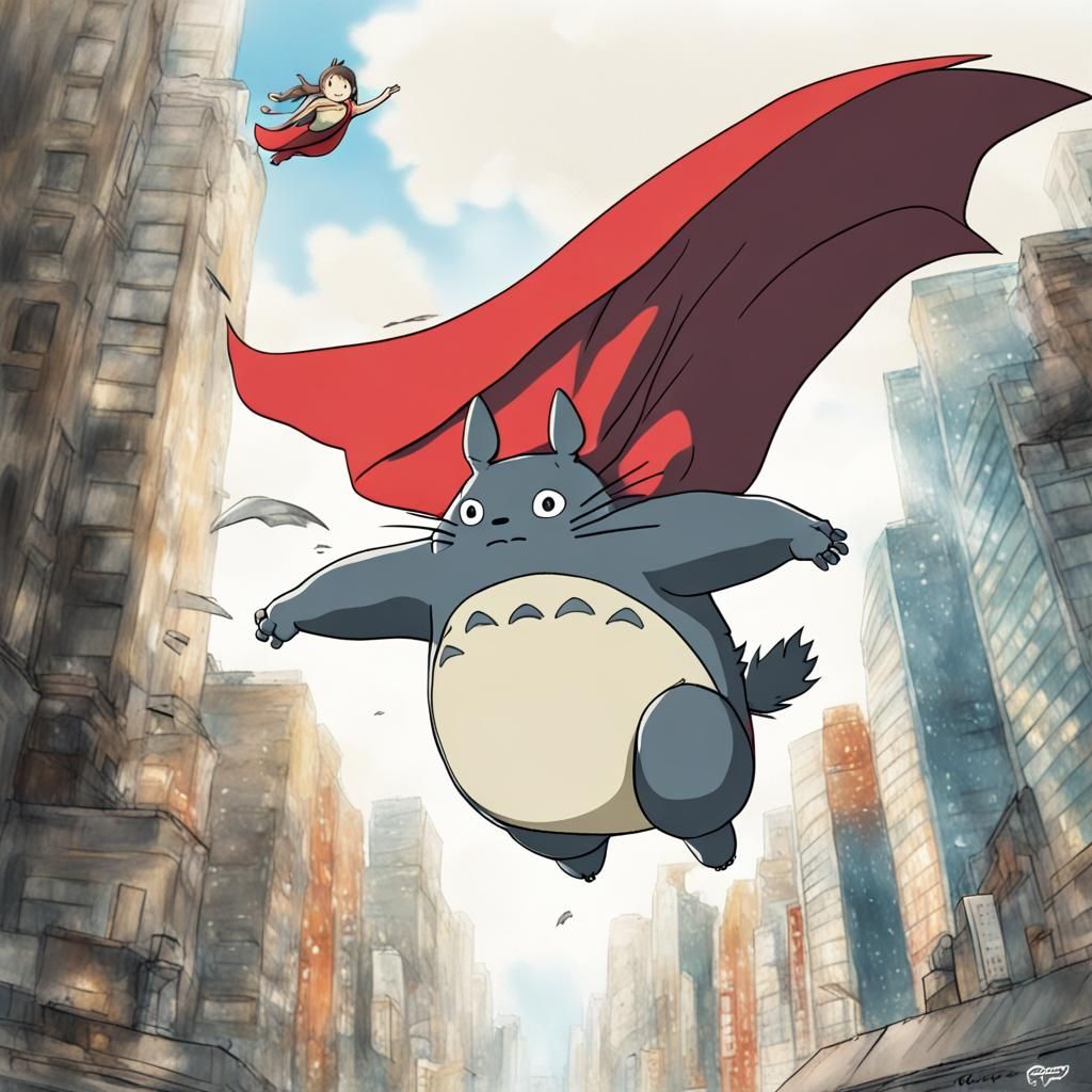 Totoro as Superhero Flying, in Anime Style