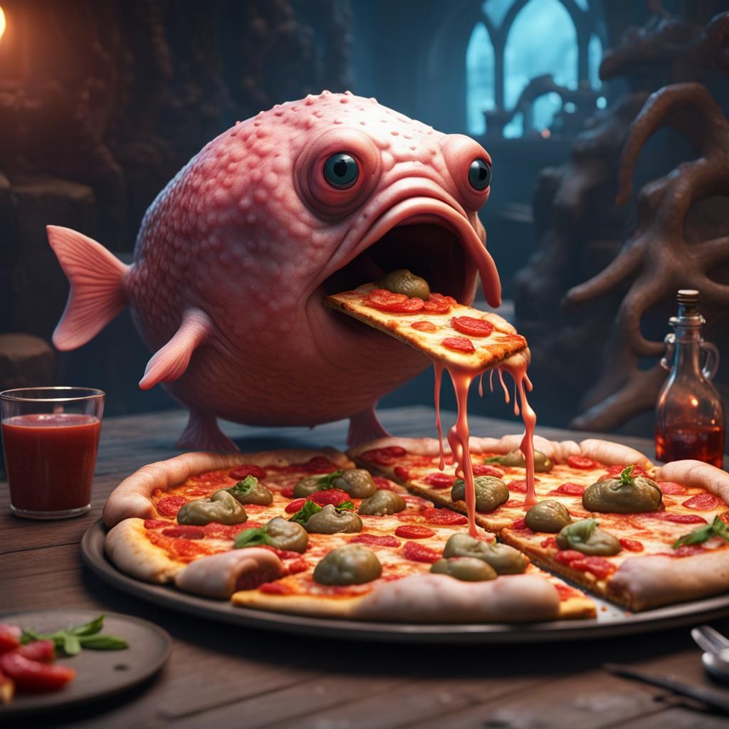 Blob Fish Eats Pizza: Detailed Fantasy Art