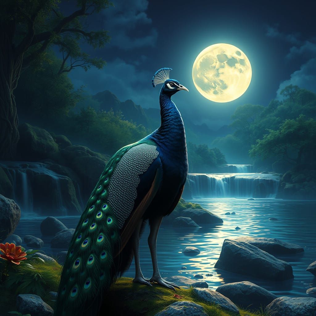 Majestic Peacock Under Full Moon