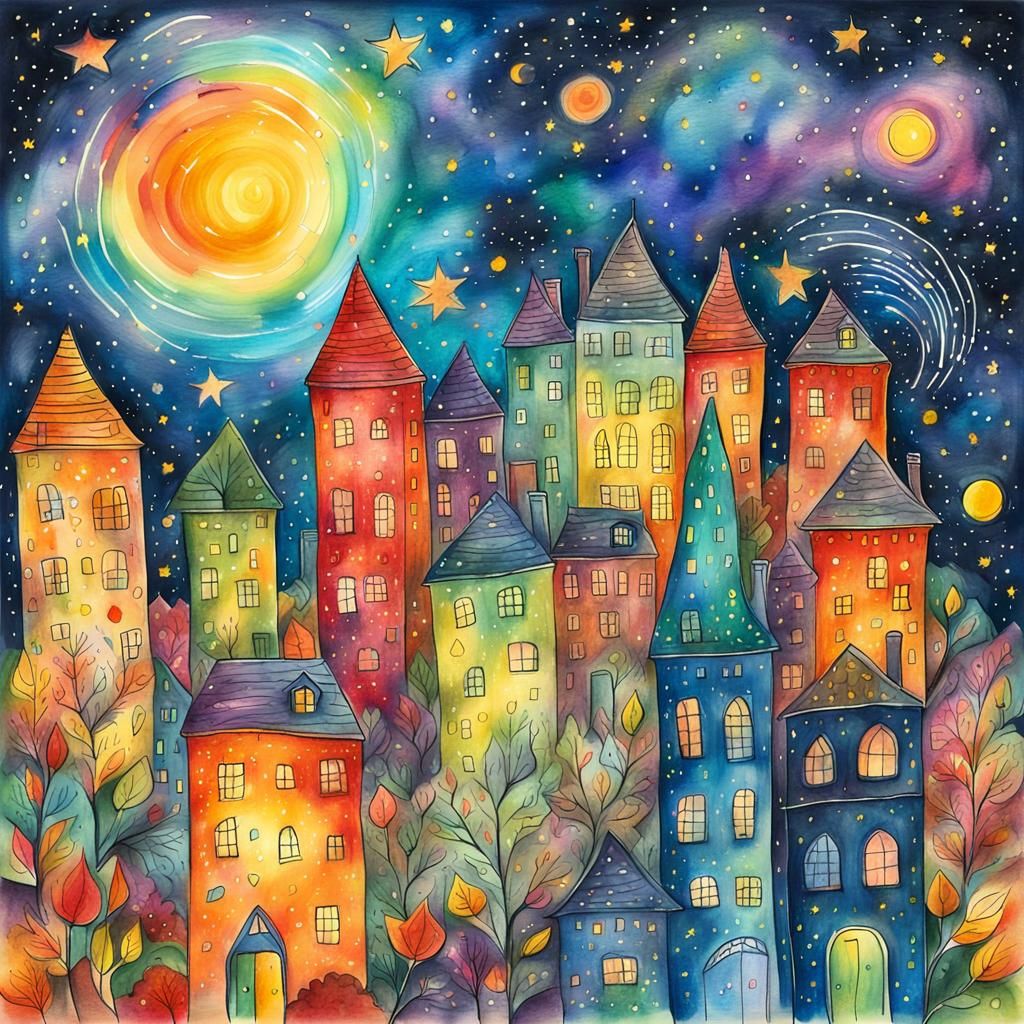 Cosmic Cityscape in Surreal Child's Drawing Style