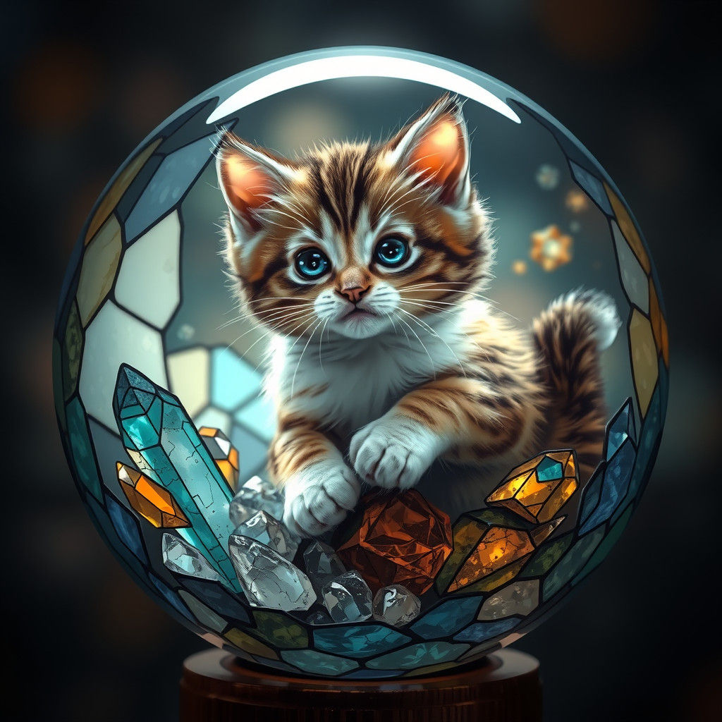 Kitten in Stained Glass Sphere with Crystals