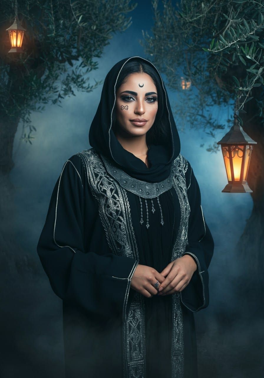 Mystical Palestinian Woman in Halloween Forest