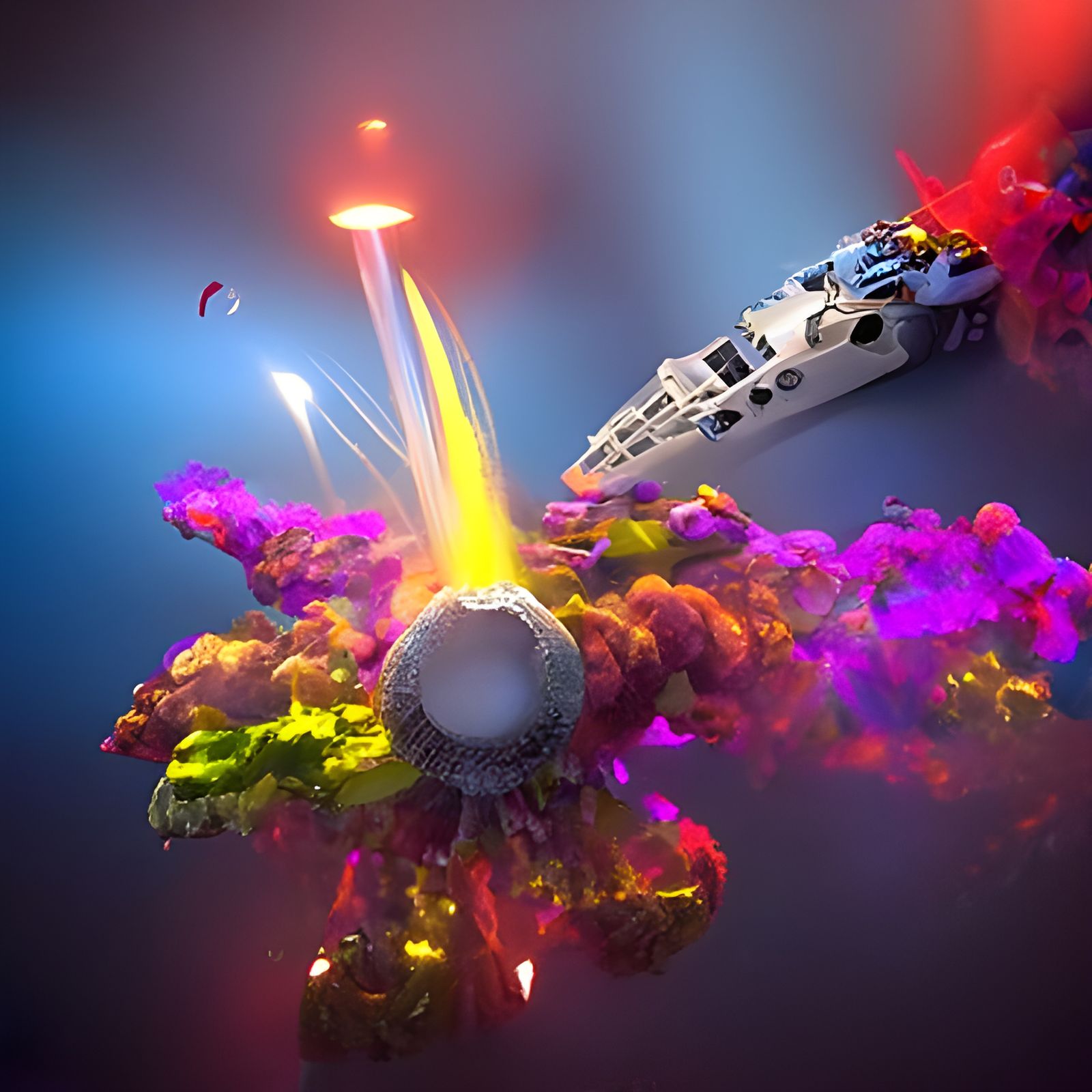 Futuristic Spaceship Crash Landing with Neon Explosions