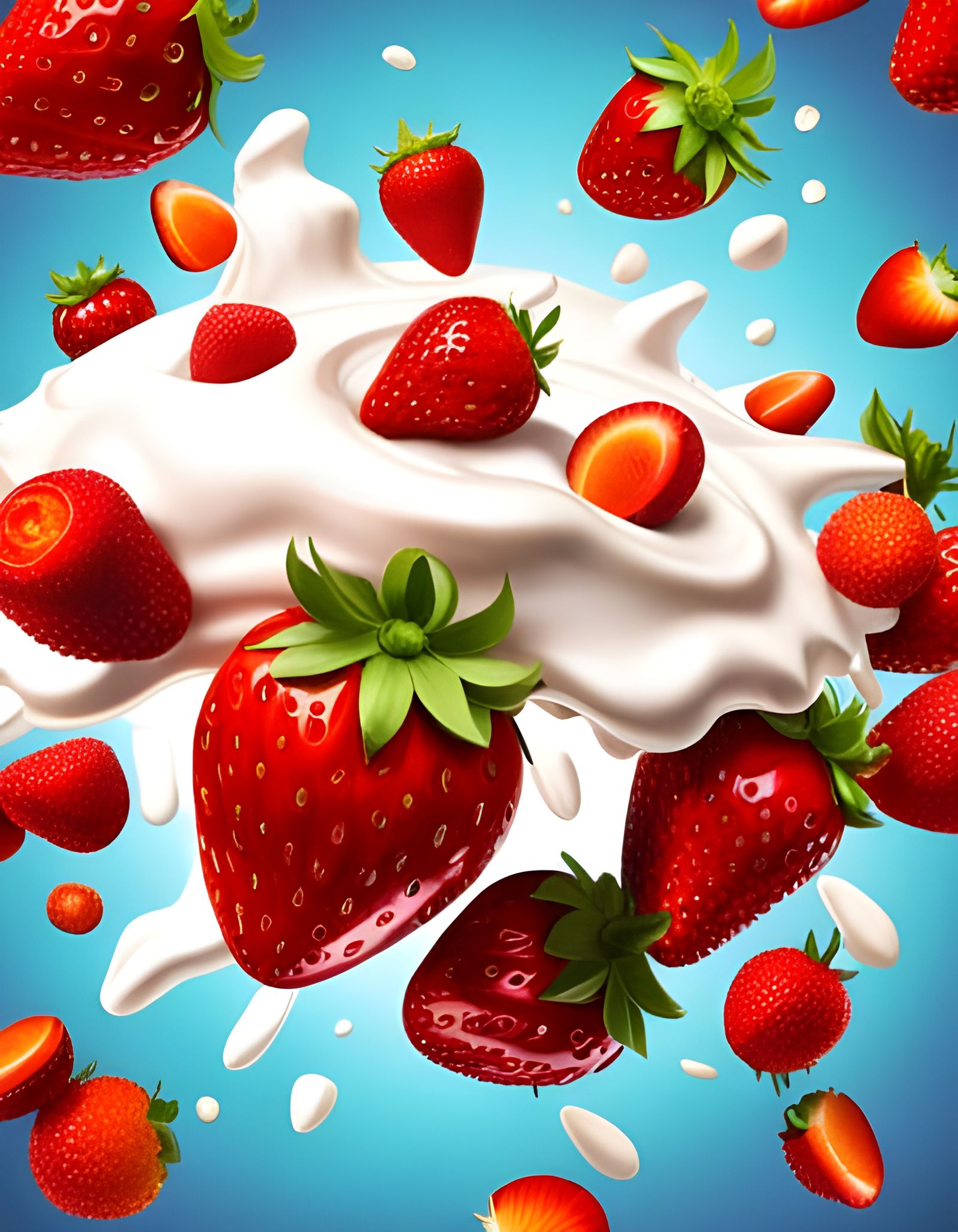 Hyperrealistic Strawberries Exploding in Cream, Digital Illu...