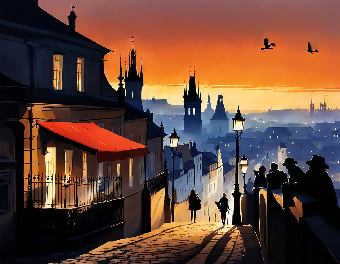Prague Evening Light: Whimsical Storybook Cityscape