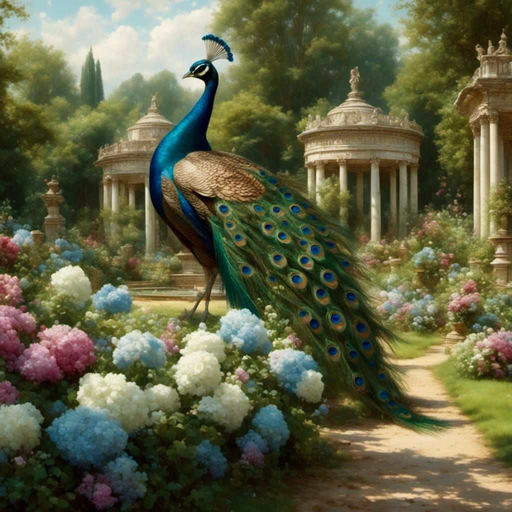 Peacock in Palladian Garden with Hydrangeas