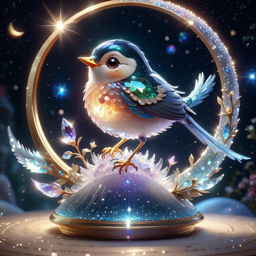 Celestial Crystal Bird on Sparkling Moon in Pixar Style