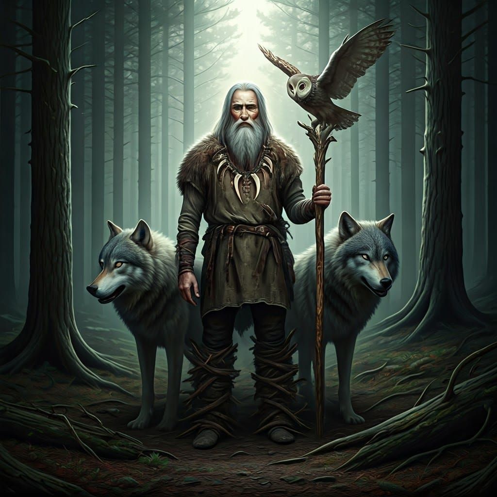 Veles, Slavic God, in Mystical Pine Forest