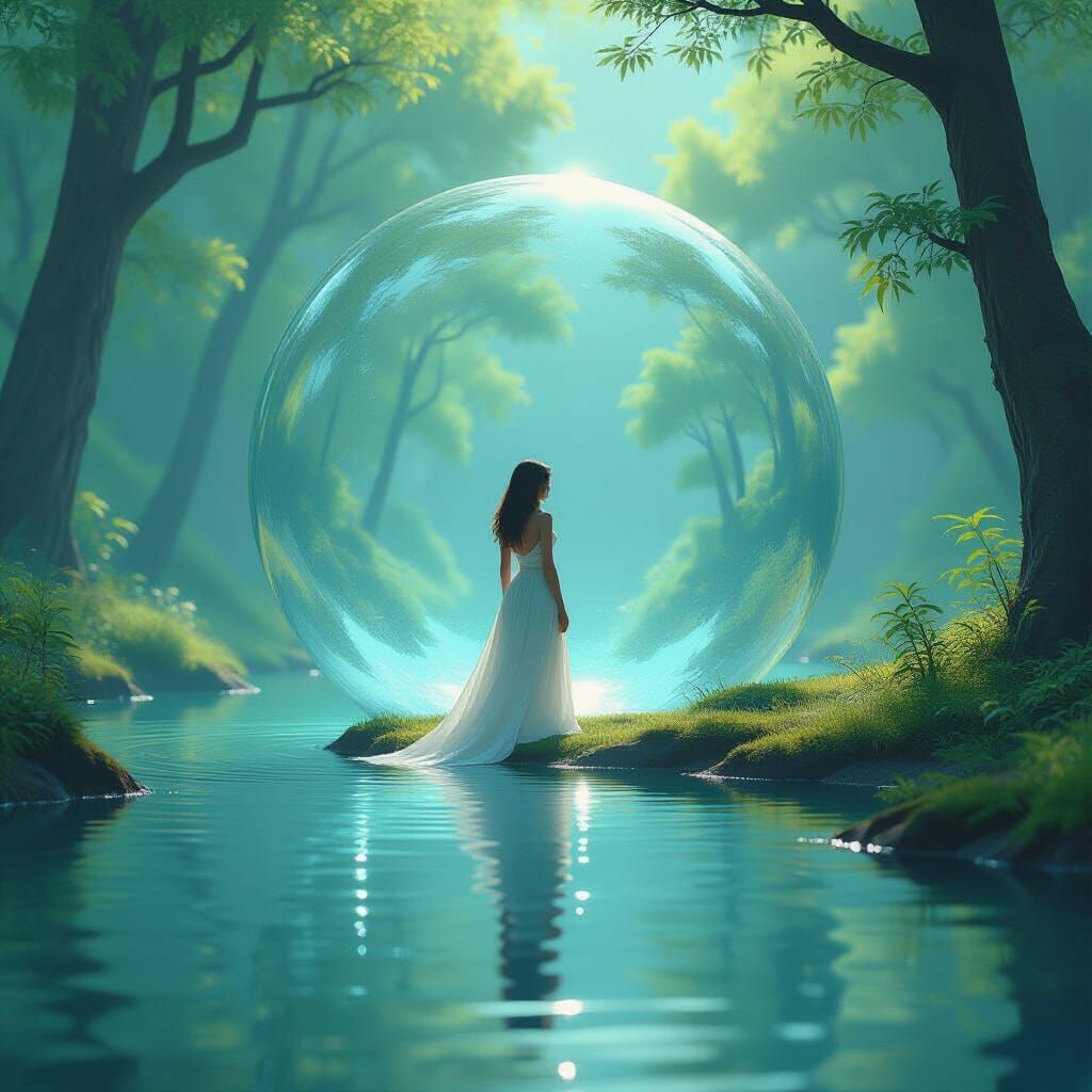Ethereal Woman by Lake in Glass Sphere