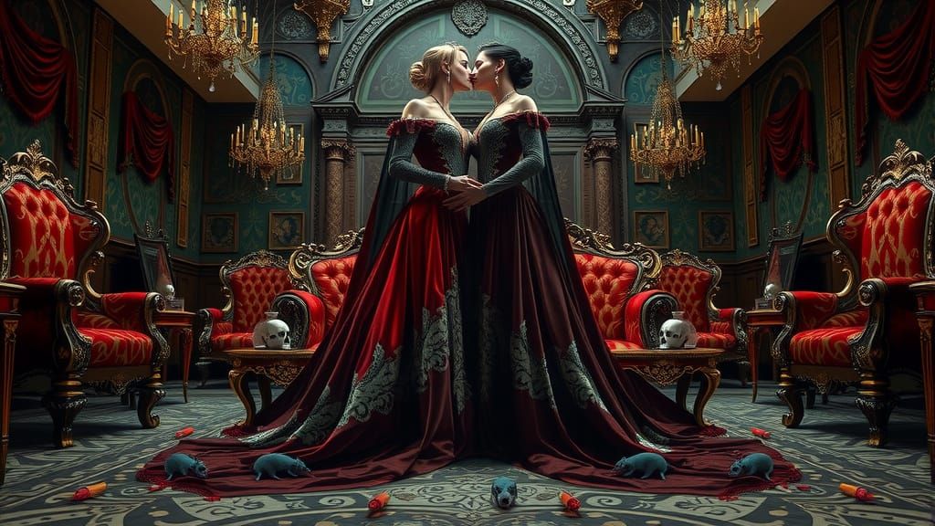 Gothic Vampire Queens Kiss in Opulent Mansion