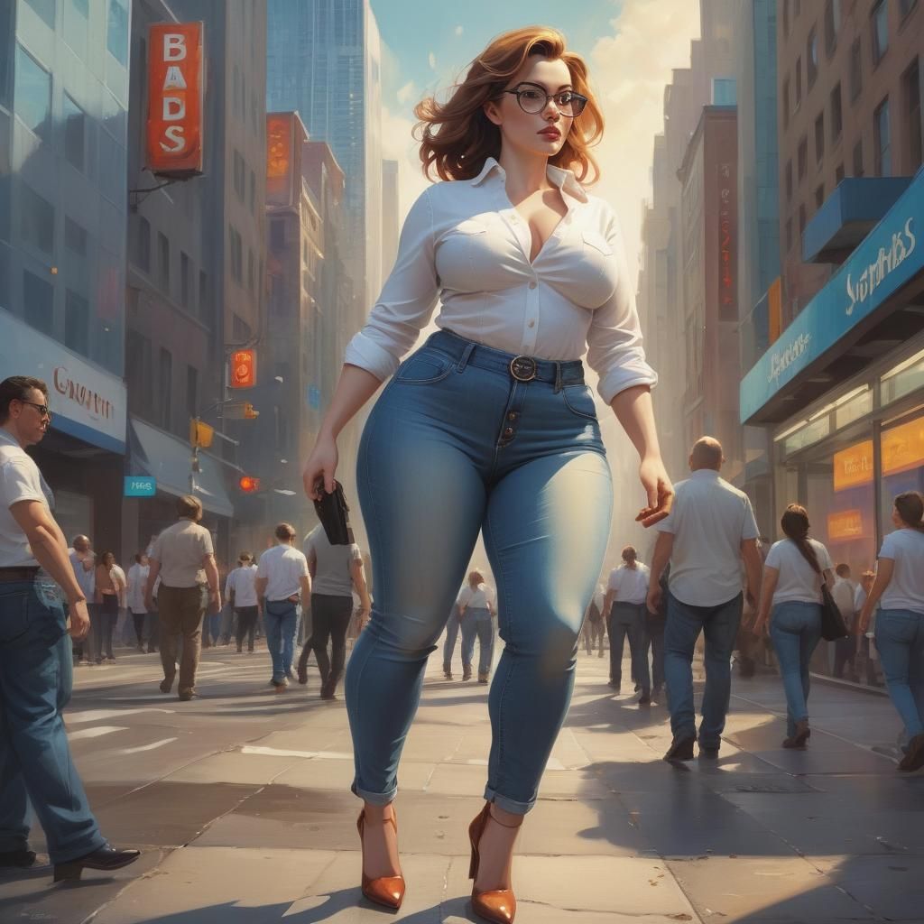 Curvy Businesswoman Walking in City, Glamour Lighting