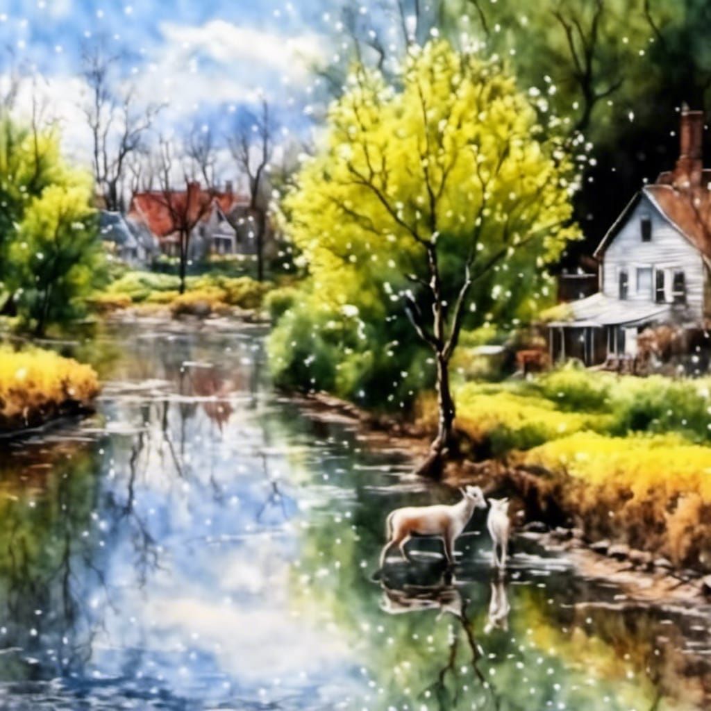 Watercolor Willow Catkins in Snowy Spring