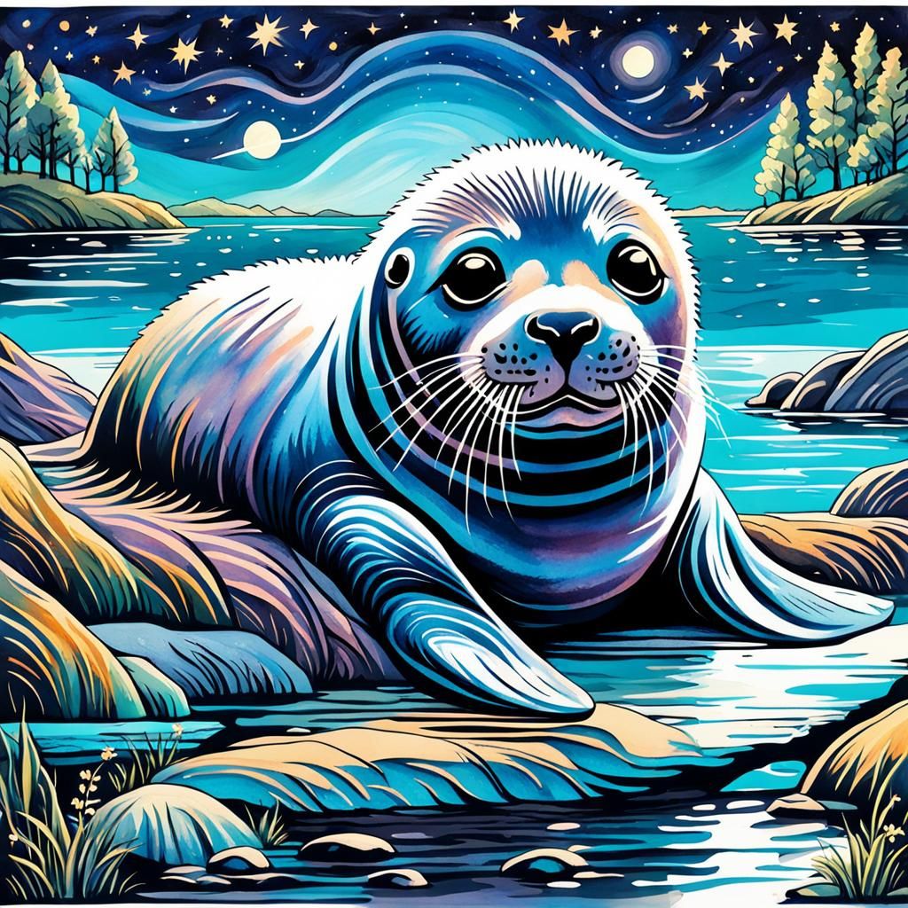 Bioluminescent Baby Seal in High Gothic Watercolor