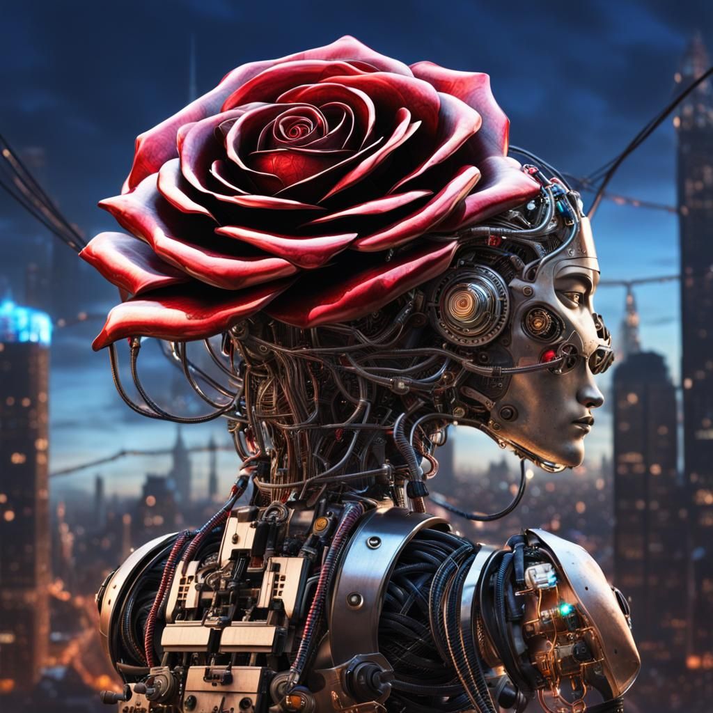 Cyborg Steampunk Rose in Bodypunk Cityscape