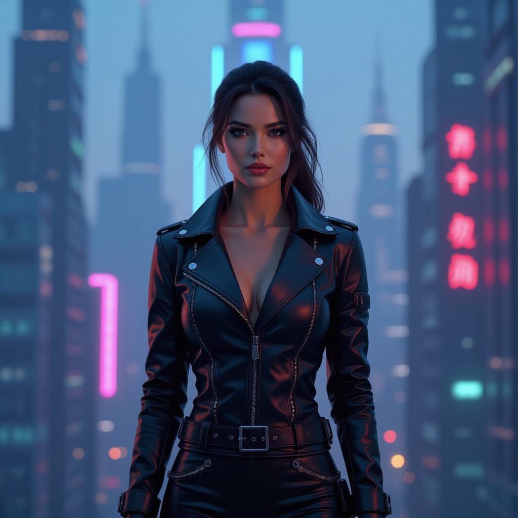 Futuristic Woman in Neon Cityscape: 3D Rendered