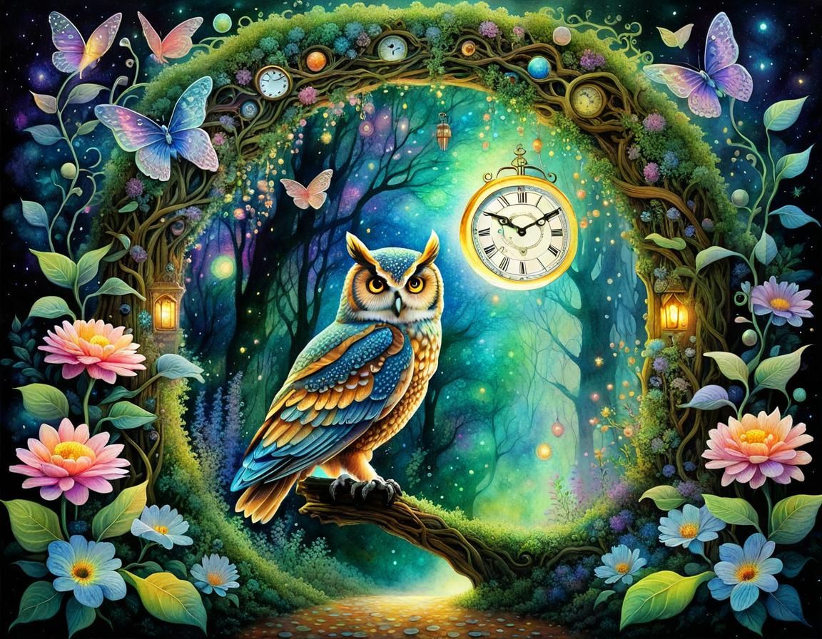 Owl Enters Fairy Portal in Pointillist Aquarelle