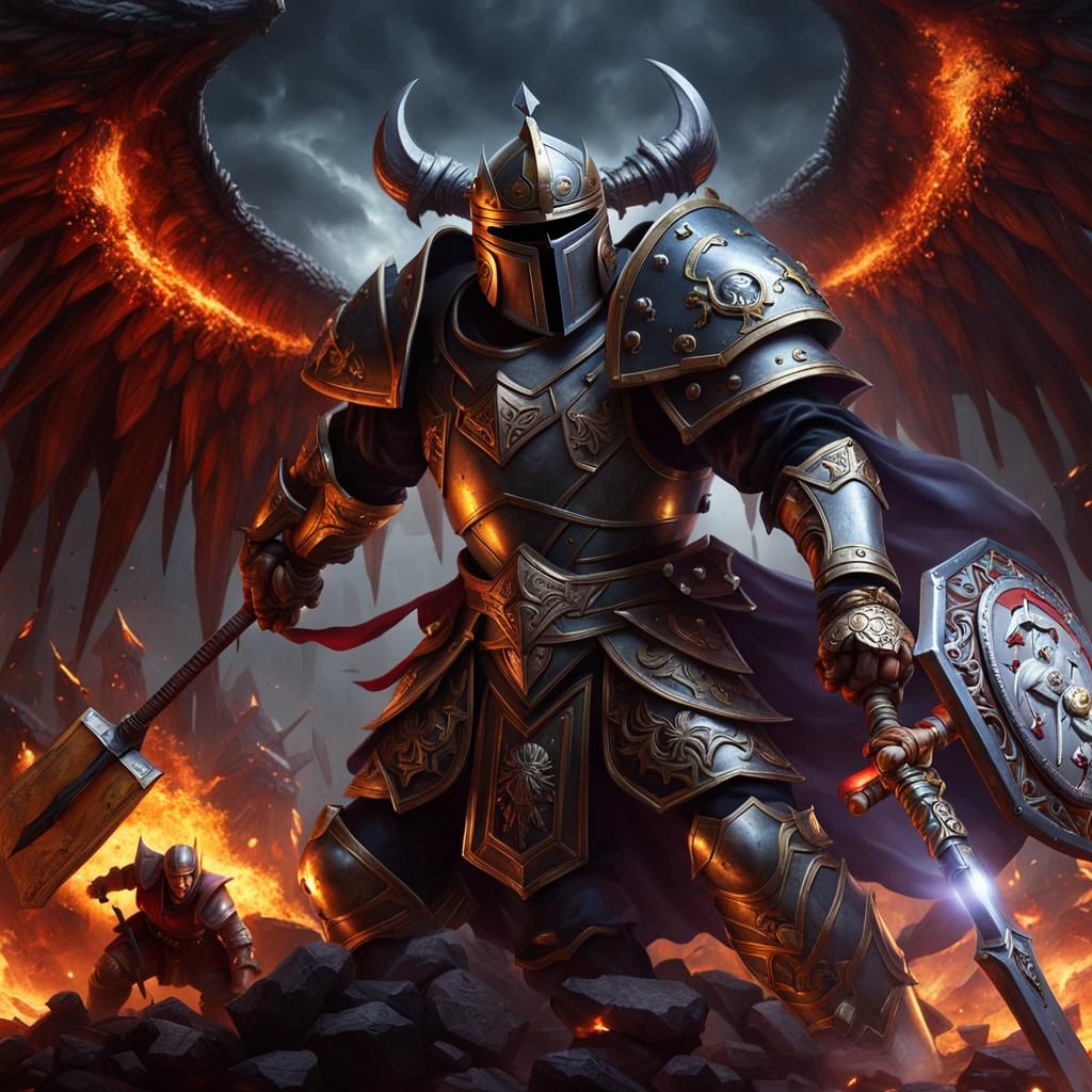 Hyperrealistic Paladin Fighting Demons with Hammer and Shiel...