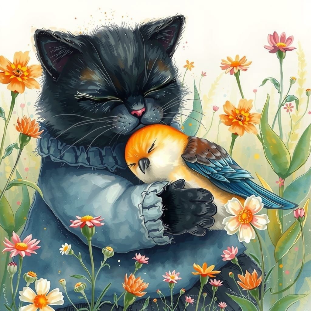 Watercolor Cat Hugs Bird in Summer Meadow