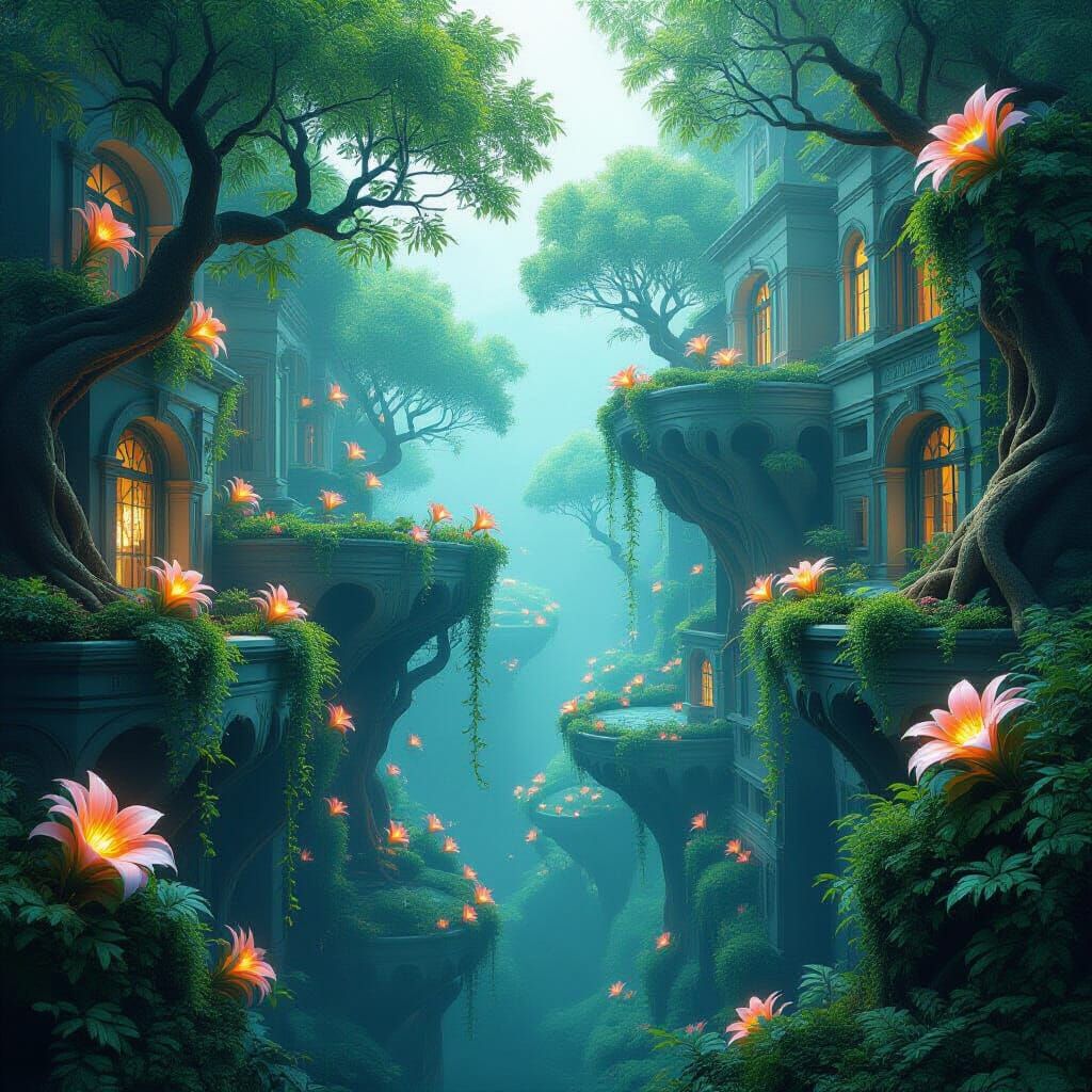 Escher-Style Bioluminescent Garden in Impossible Architectur...