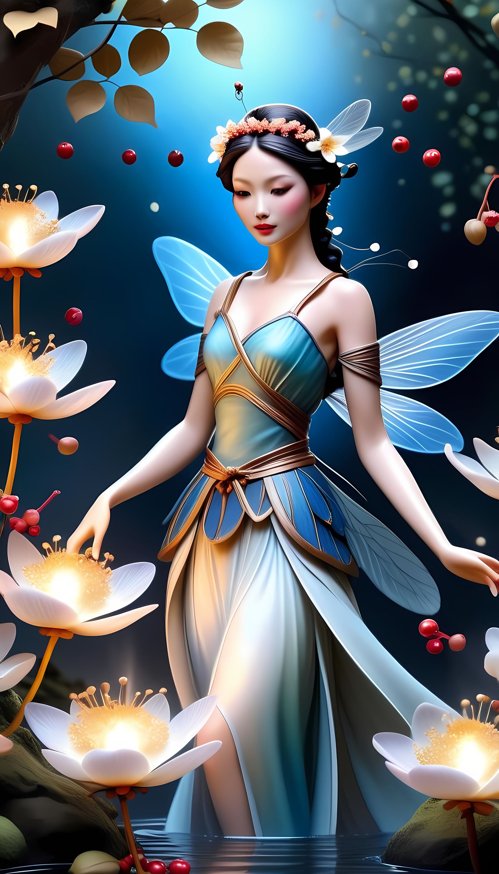 Fantasy Hot Spring with Fairies Under Starry Sky