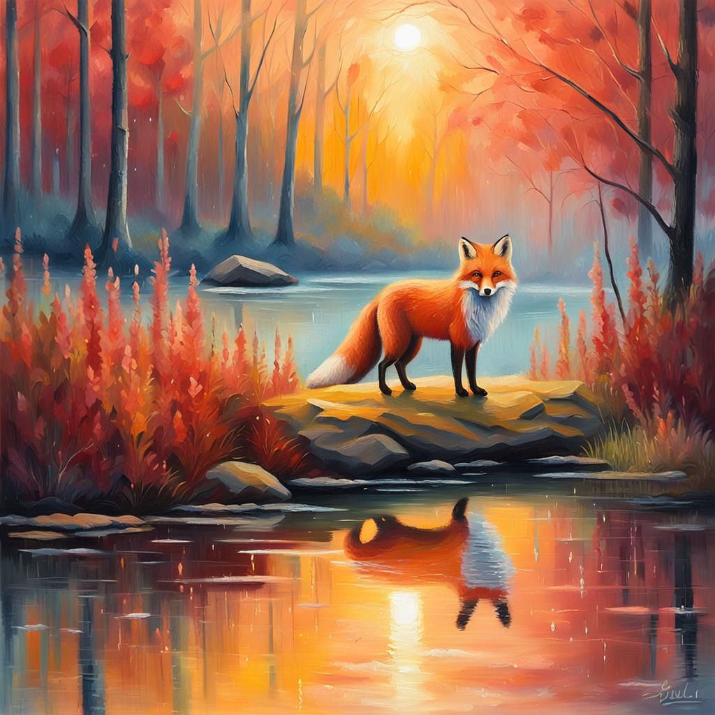 Fox by Lake: Impressionist Oil Painting