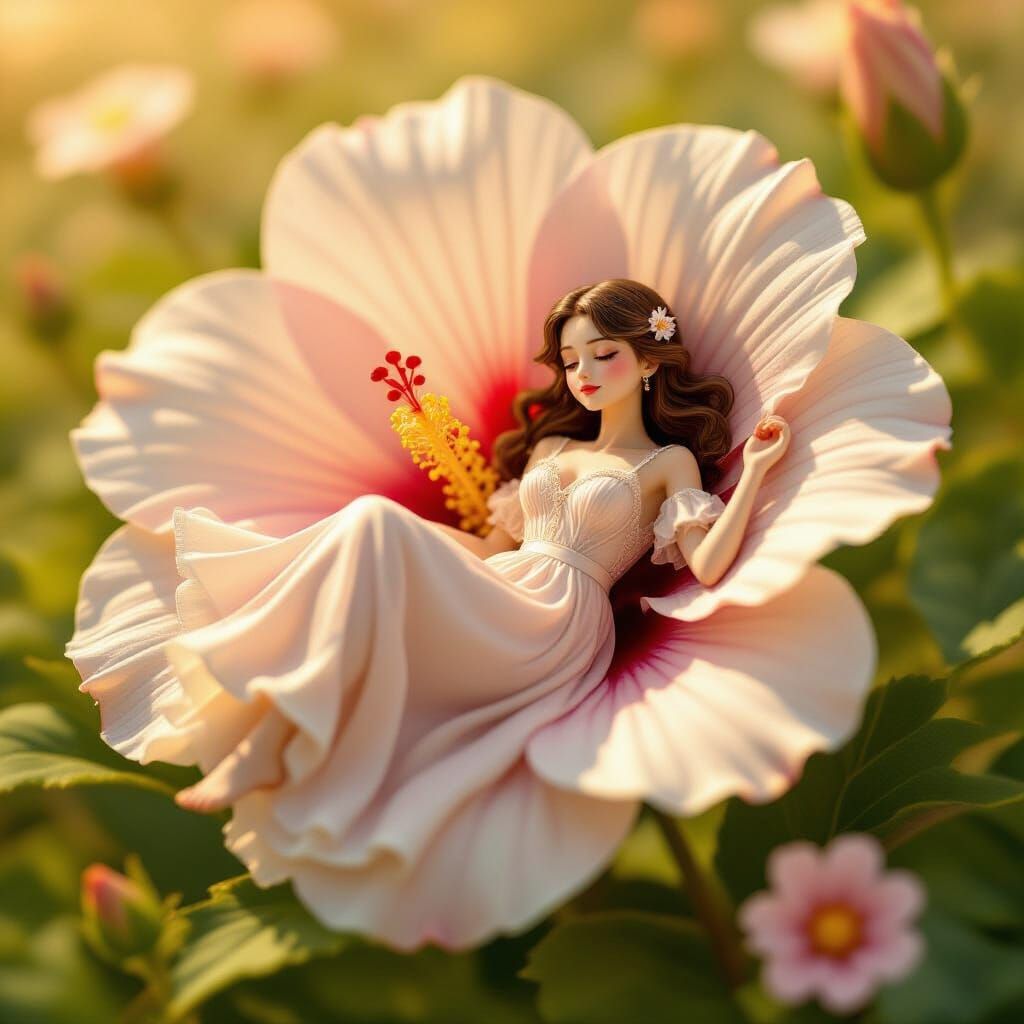 Fairy Napping in Hibiscus, Ghibli Style