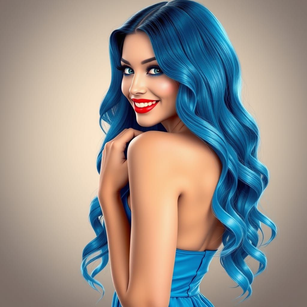 Sensual Woman in Crystal Blue Hair and Dress, Looking Over H...
