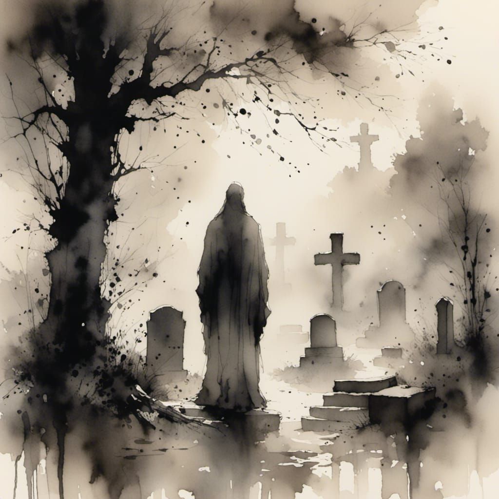 <lora:Charcoal Ink Art:1.0> An ink wash painting of a ghostl...