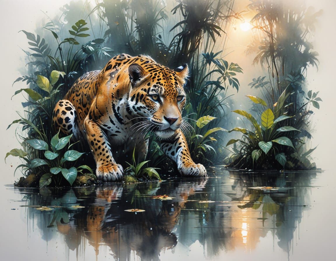 Jaguar Crouched in Flooded Rainforest at Dusk