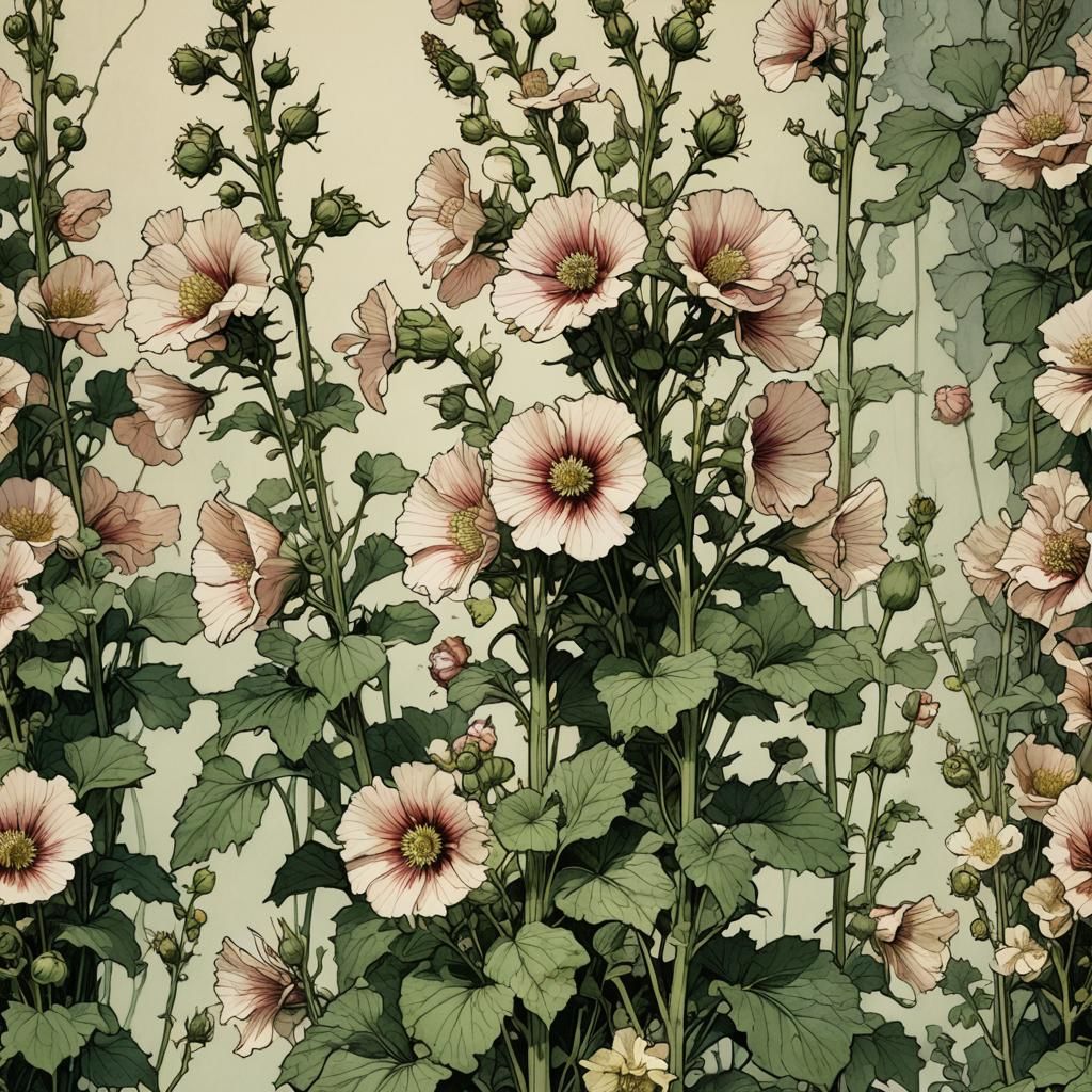 Delicate Hollyhock Blossom: Whimsical Illustration