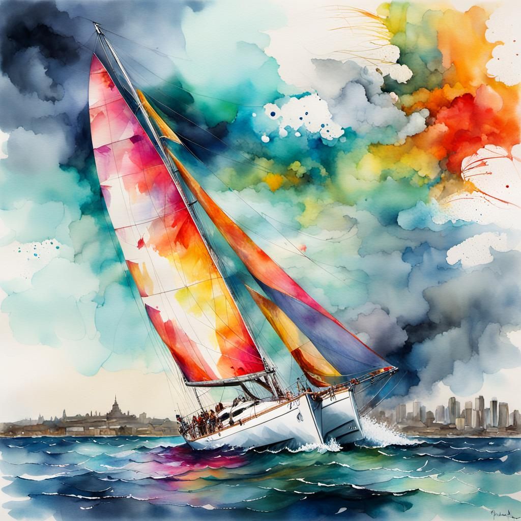 Sydney Harbour Yacht in Watercolor and Alcohol Ink