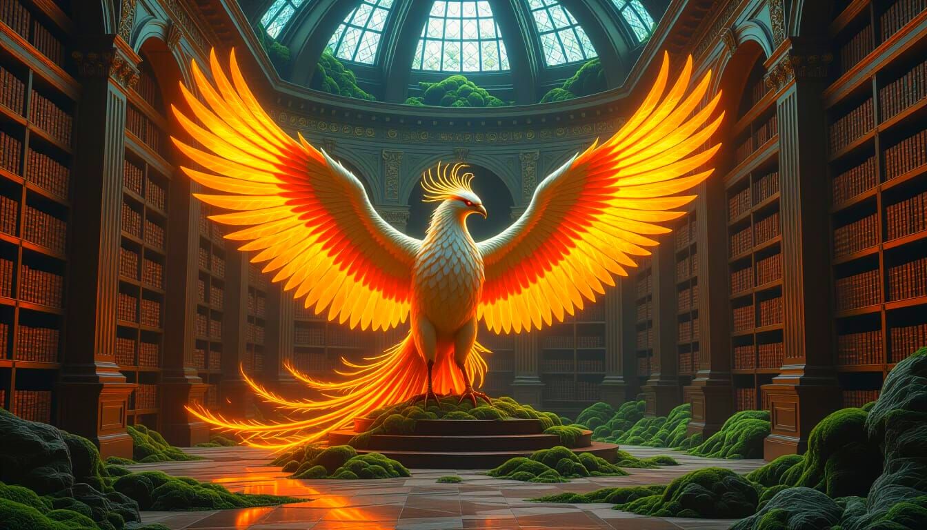 Biomechanical Phoenix Nesting in Forgotten Library Ruins