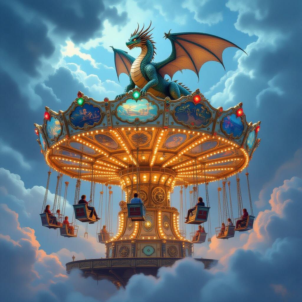 Clockwork Carousel Ascends into Stormy Sky with Dragon