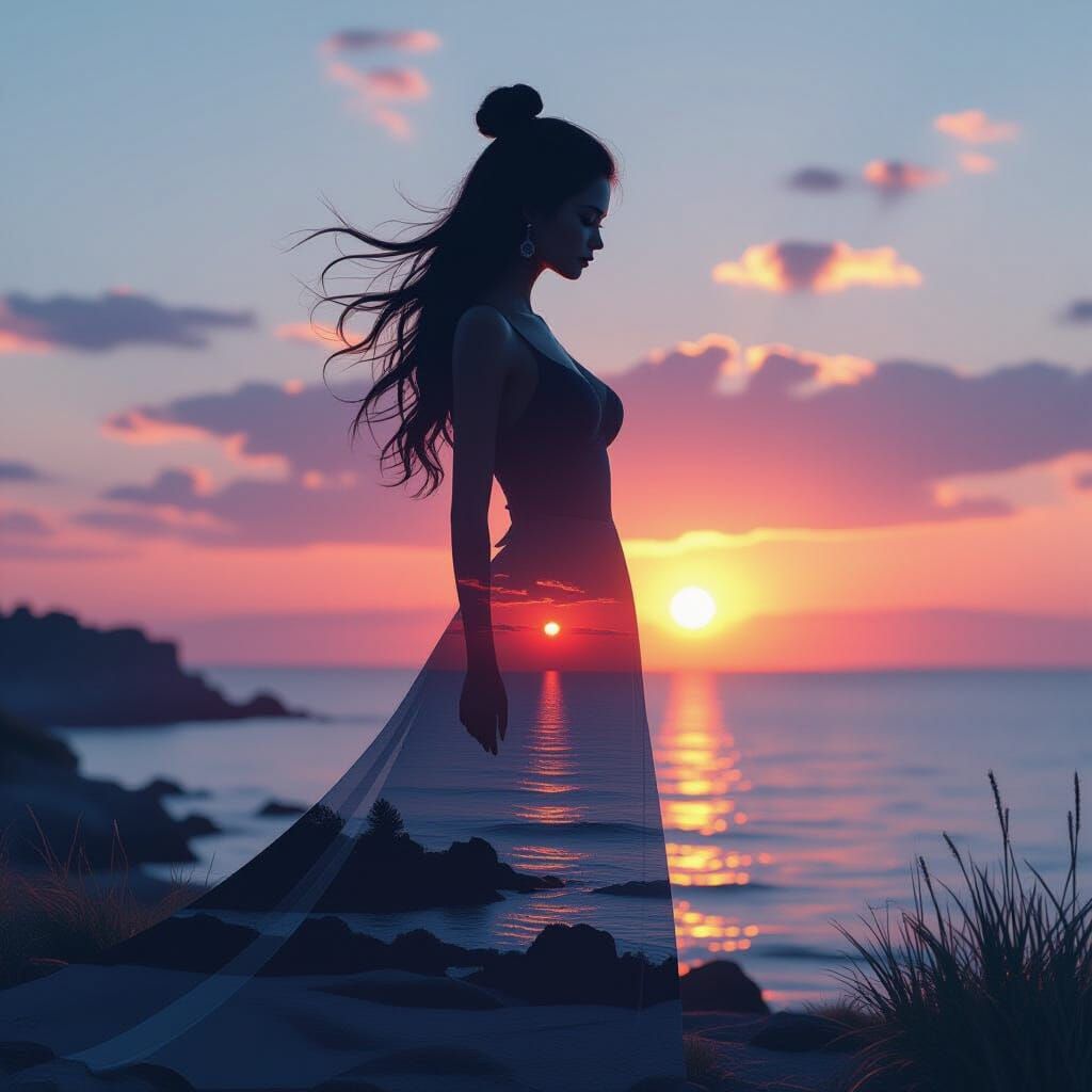 Goddess Silhouette Double Exposure on Sunset Coast
